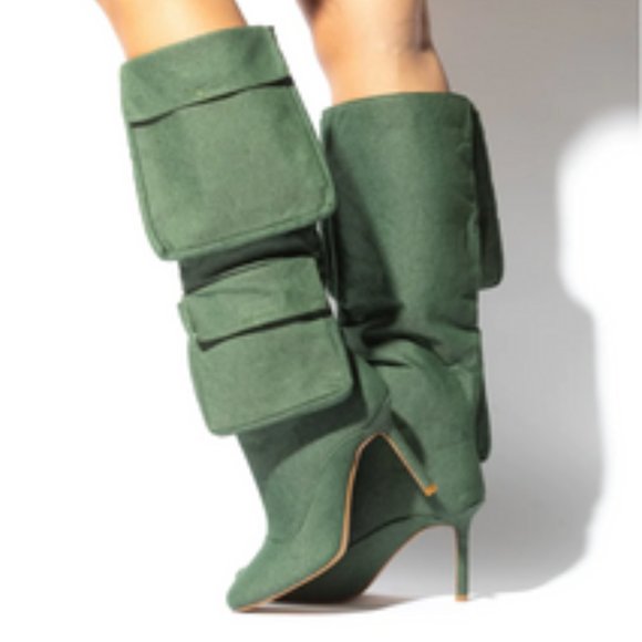 Unique Green Denim Heel Boots With 2 Pockets With Velcro Closures - Picture 1 of 9